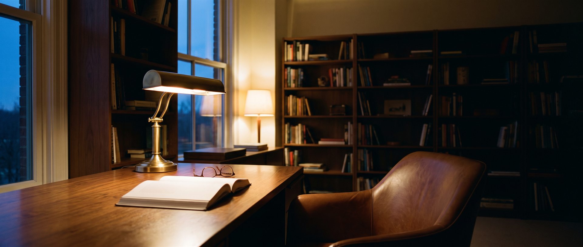 A quiet study at dusk — warm lamplight on an open book